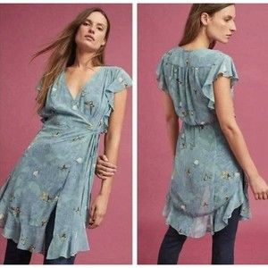 Anthropologie Floral Tunic Top Womens XL Blue Butterfly Print Sheer Boho Prairie